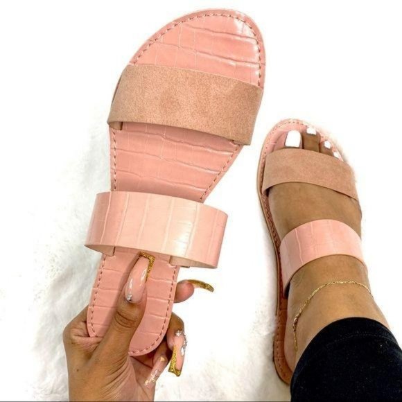 Blush Nude Double Strap Croc & Faux Suede Sandals - Picture 5 of 6